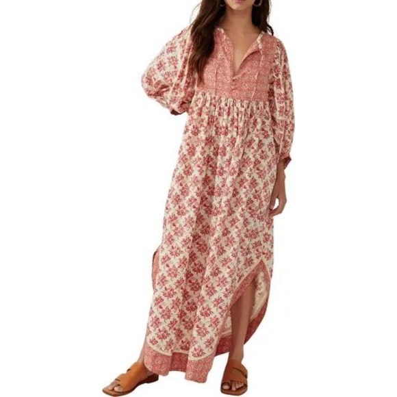 Free People Dresses & Skirts - Free People Rare Feelings Maxi Dress Red Floral Boho Balloon Sleeve Size L